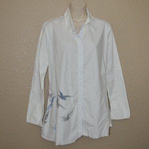NWT $388 2- S Jaga Duuya White Poplin Birds Long Sleeve Blouse